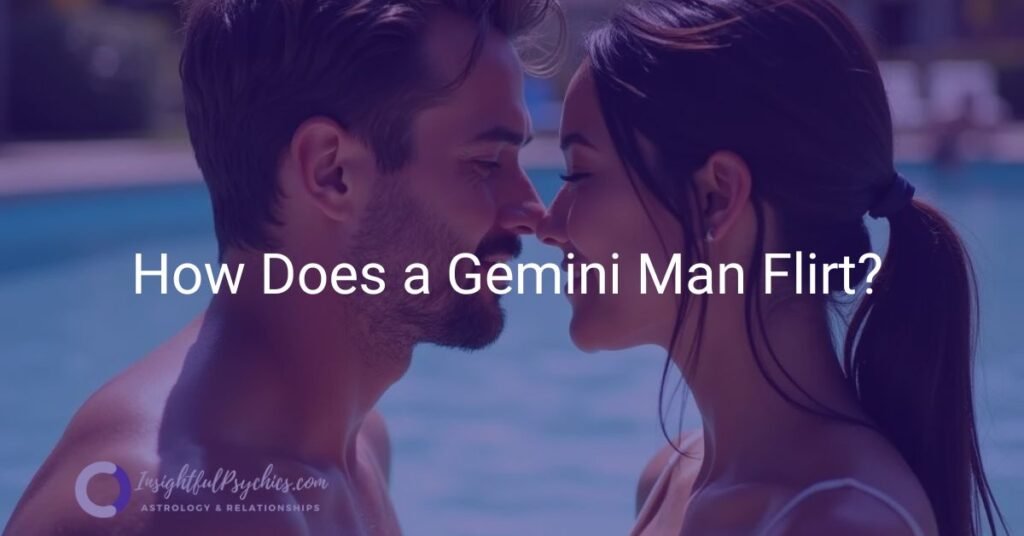 a gemini man flirting with a woman at a water park both are smiling.